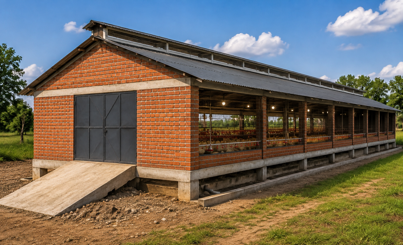 Brick and steel poultry house with open ventilated sides at the Murewa site