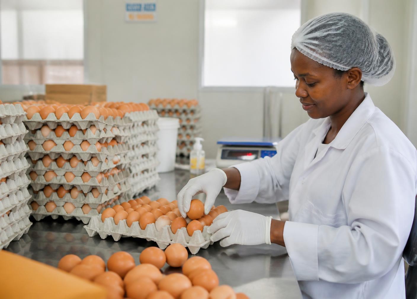 Farm worker grading fresh brown eggs into trays in a clean packing room