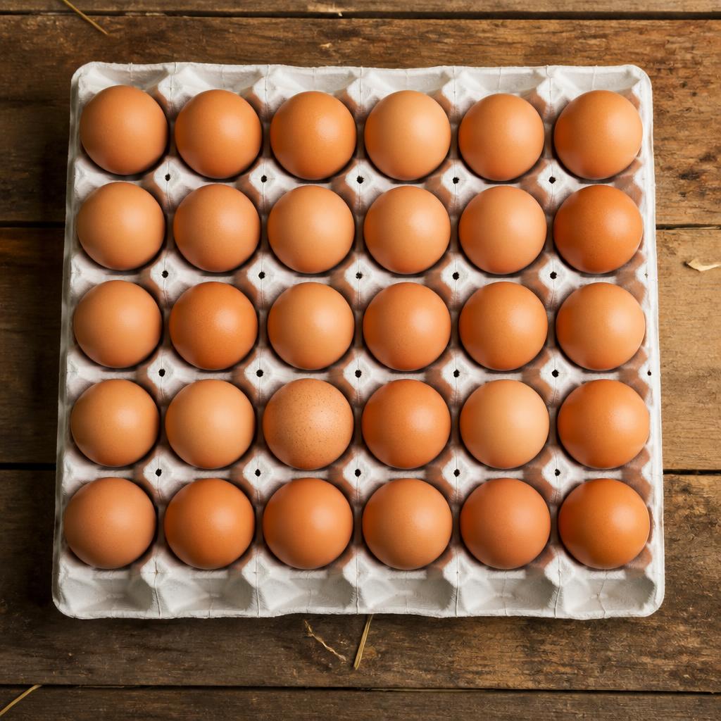 Fresh farm eggs on a tray
