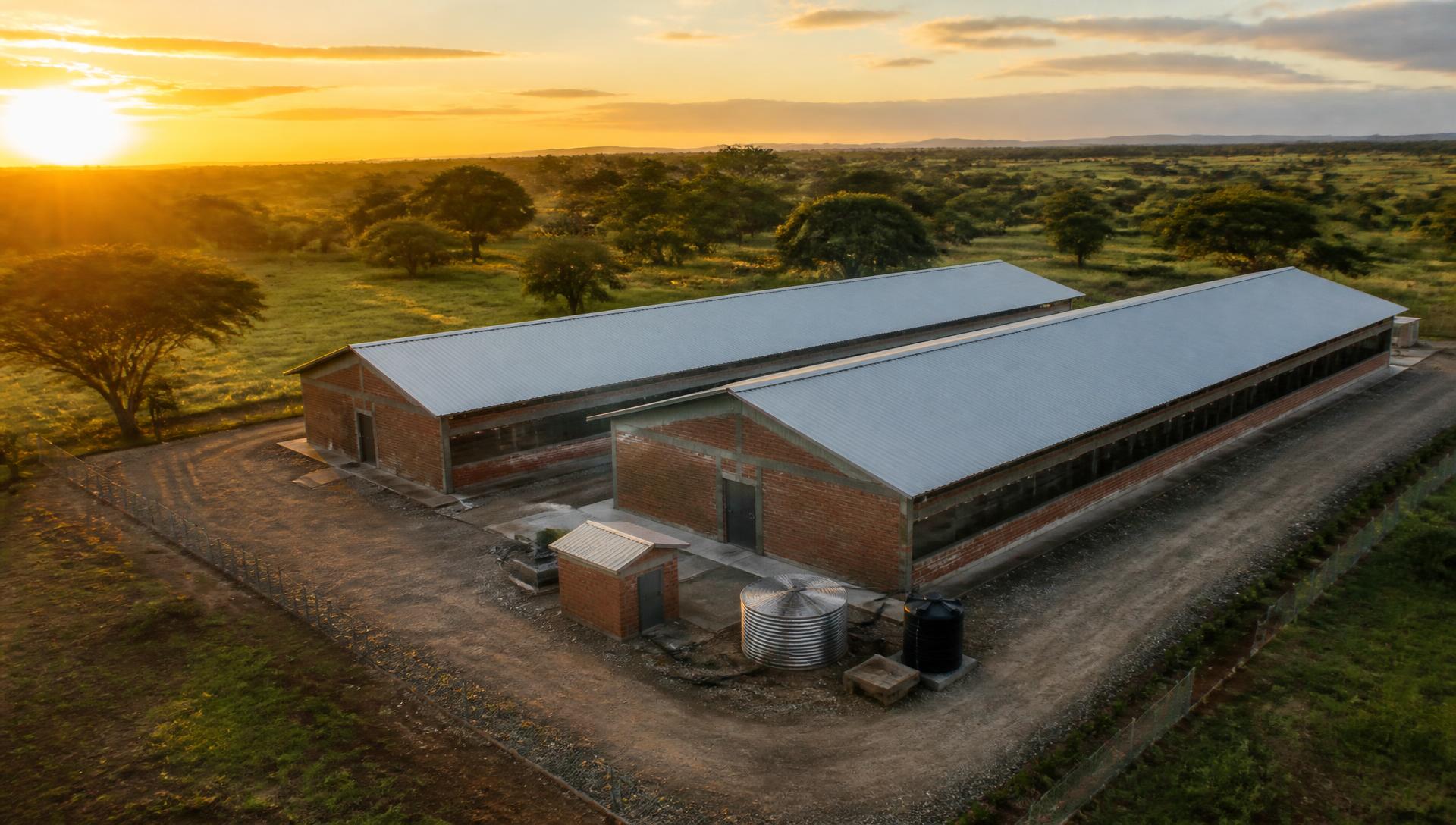 Aerial view of modern brick poultry houses at Zvanaka Estates in Murewa, Zimbabwe at golden hour