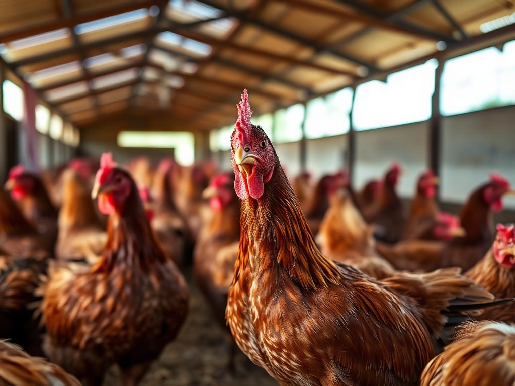 Healthy brown hens inside a clean poultry house